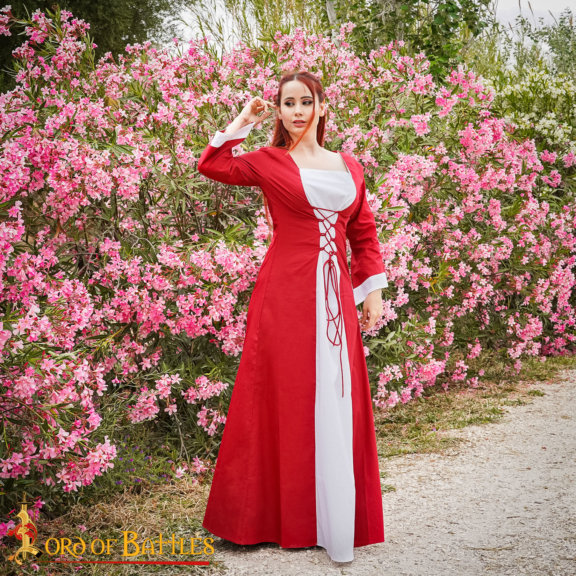 Vestido Princesa Medieval Algodão - Vermelho e Branco